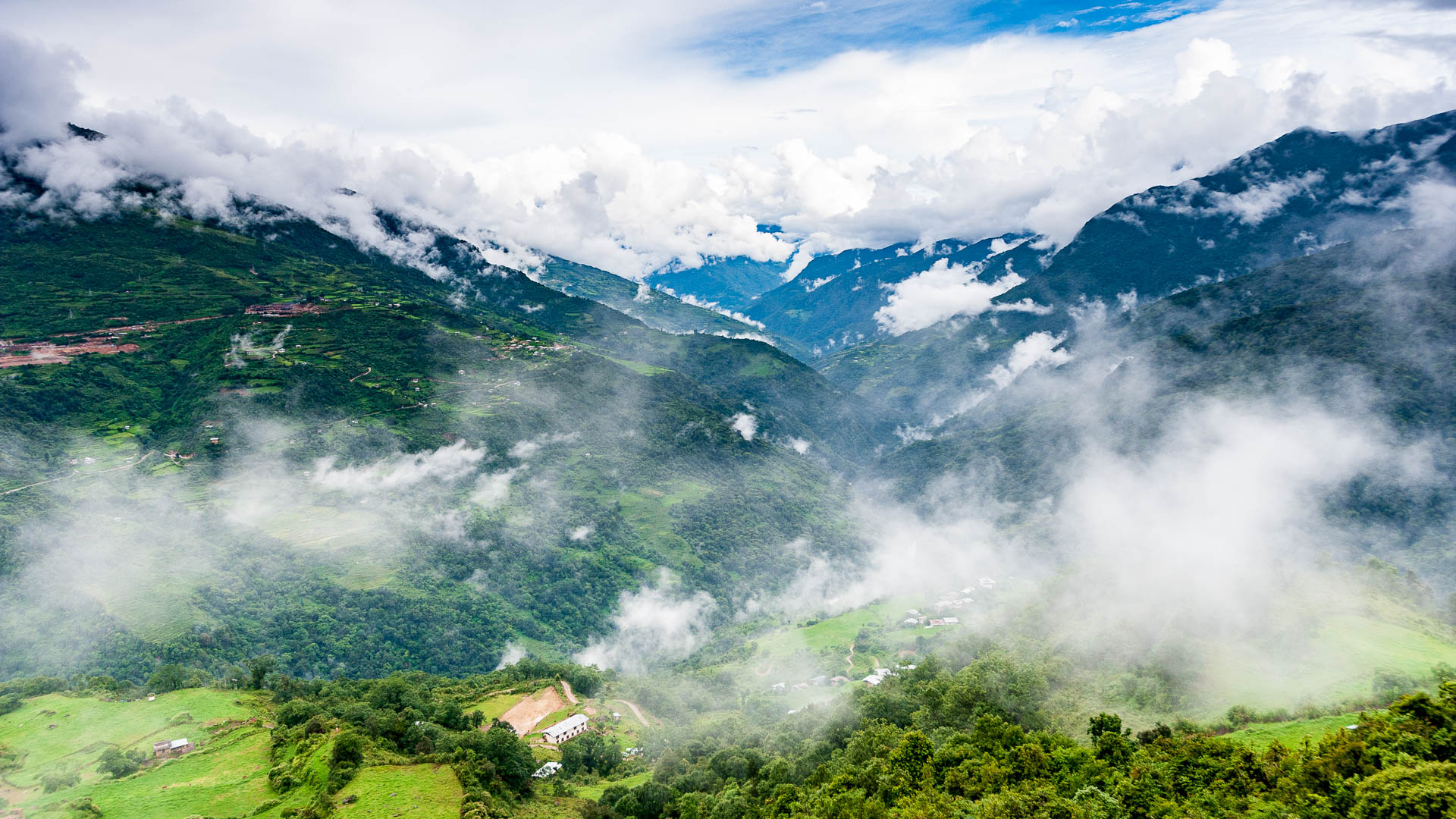 Bhutan — Himalayan foothills valley, likely Punakha or Wangdue Phodrang district — aerial
