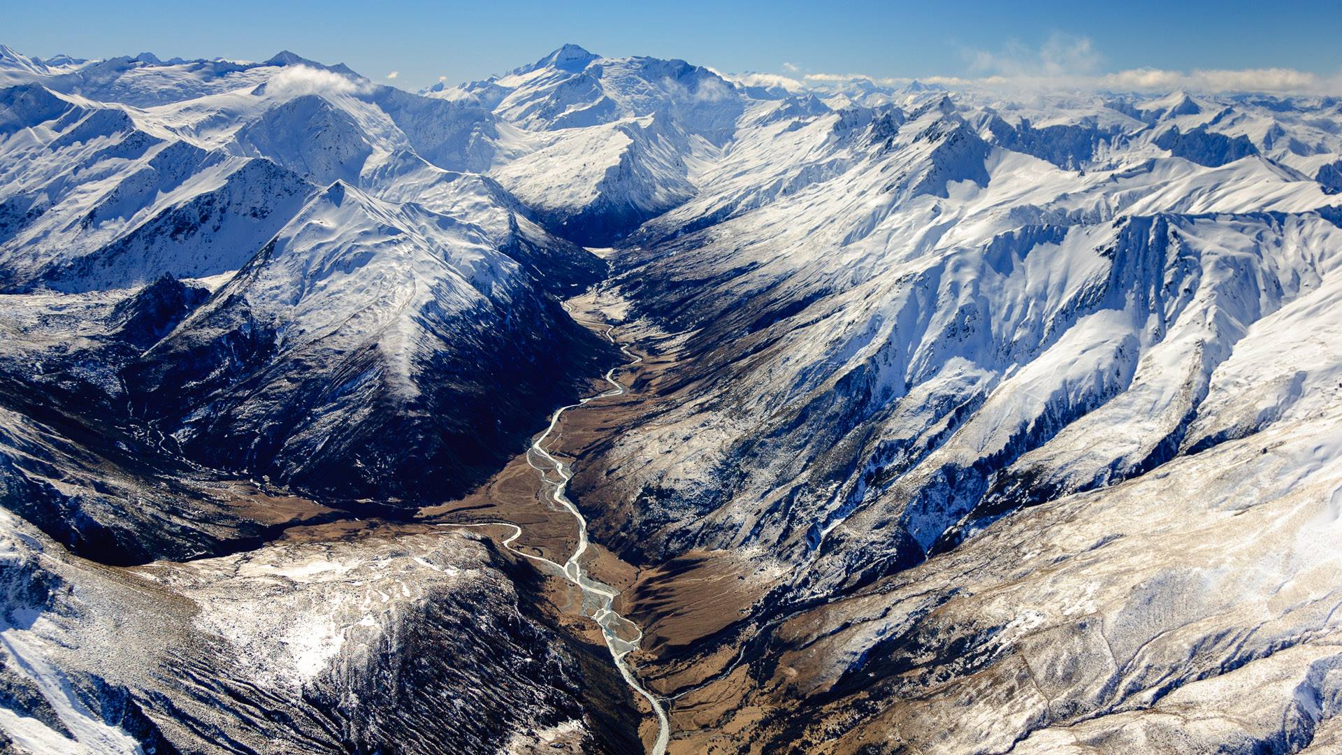 New Zealand — South Island, Southern Alps / Mackenzie Basin area — aerial